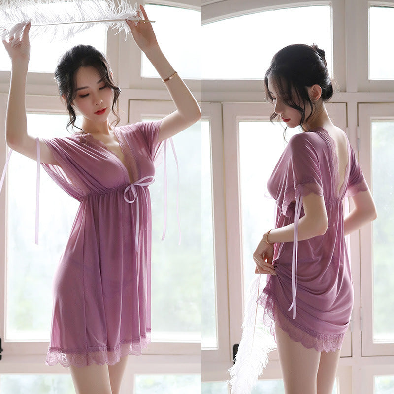 Nuisette Sexy V-Neck Woman Backless Night Wear Silk Sleepshirts Night Dress Sleepwear Nightgown Night Wear Summer Sexy Lingerie