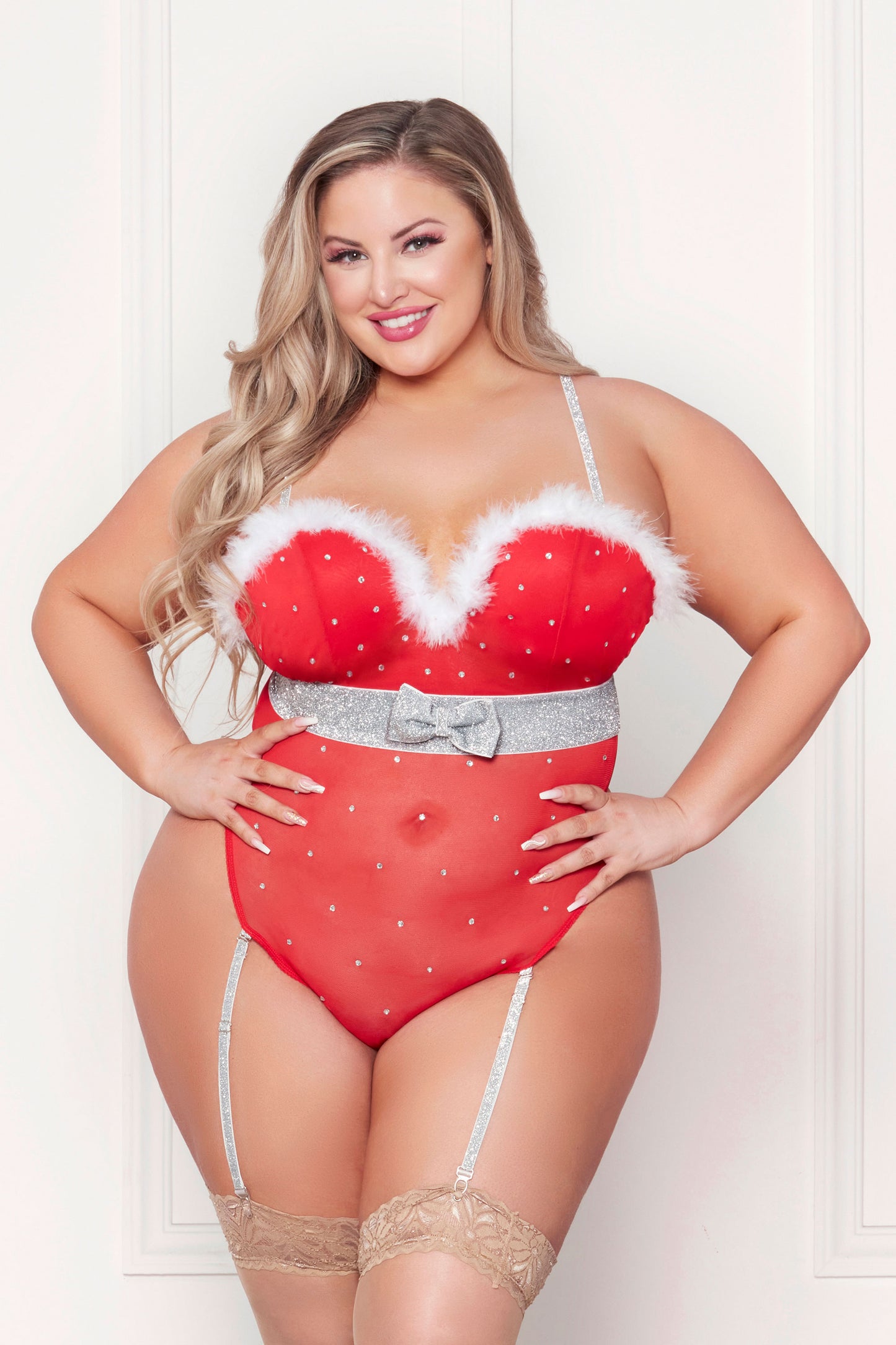 Rhinestone Studded Mesh Teddy With Marabou Trim -  X-Large - Red STM-11470REDXL