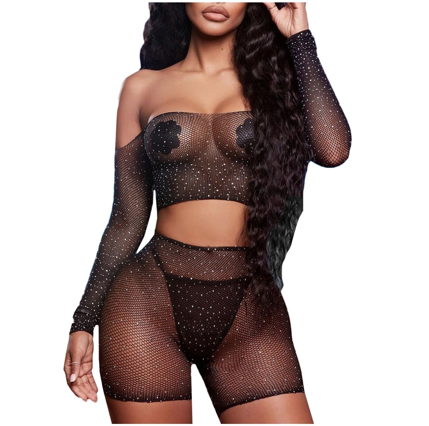 Transparent Lingerie Babydoll Fishnet Erotic Underwear Rhinestone Women Shorts Mesh Porno