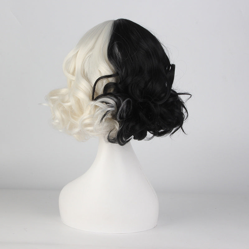 Movie Cruella Wig Anime Cosplay Black And White Color Combination Short Curly Hair