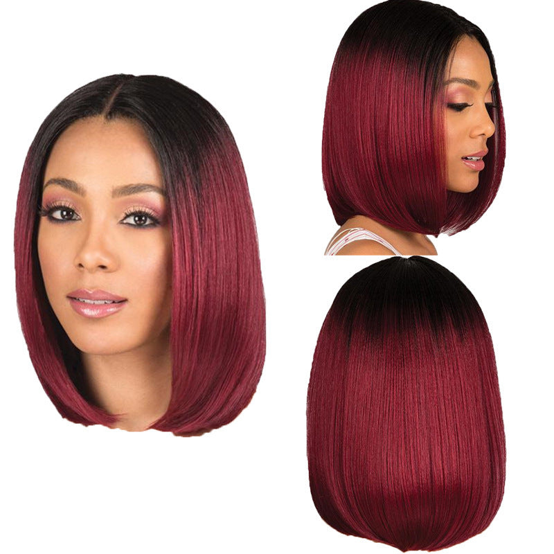 Dyeing mid-point wig female black gradient wine red bobo head