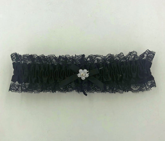 Satin Leg Garter - One Size - Black With Black  Lace EM-3555BLK