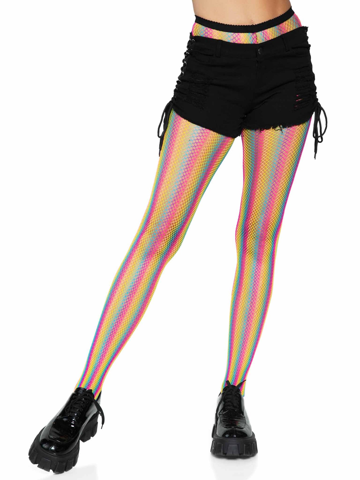 Neon Rainbow Striped Fishnet Tights - One Size -  Multicolor LA-9970MULOS