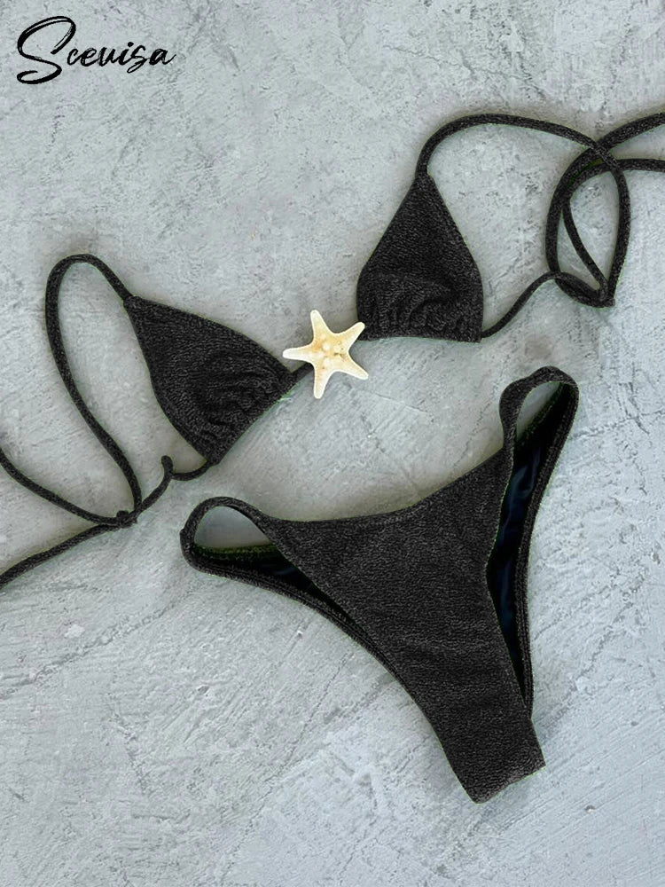 2024 New Sexy Low Waisted Bikini Set Swimsuit Starfish Swimwear Women Solid Strappy Beachwear Bathing Suits Brazilian biquini