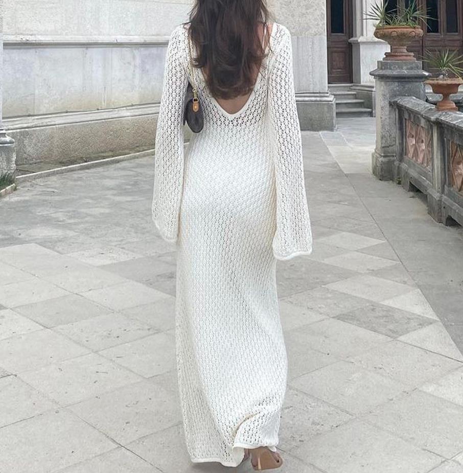 Yiiciovy Sexy Women Long Knit Beach Dress Hollow-Out Deep V-Neck Long Sleeve Bikini Cover-Ups Dress Fall Backless Holiday Dress