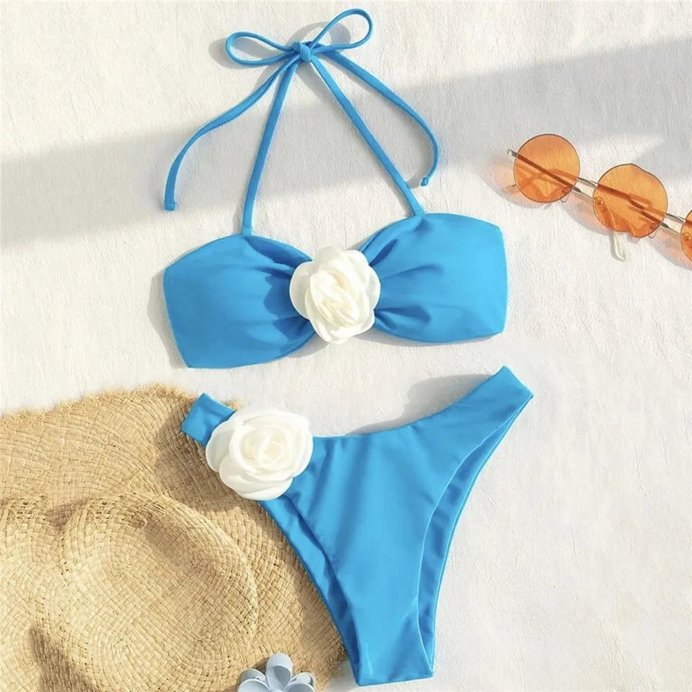 Sexy Flower Bandeau Swimwear Thong Bikini 2025 Women Lace-up Swimsuits Swimming Bathing Suit Brazilian Bikinis Set Mujer Biquini