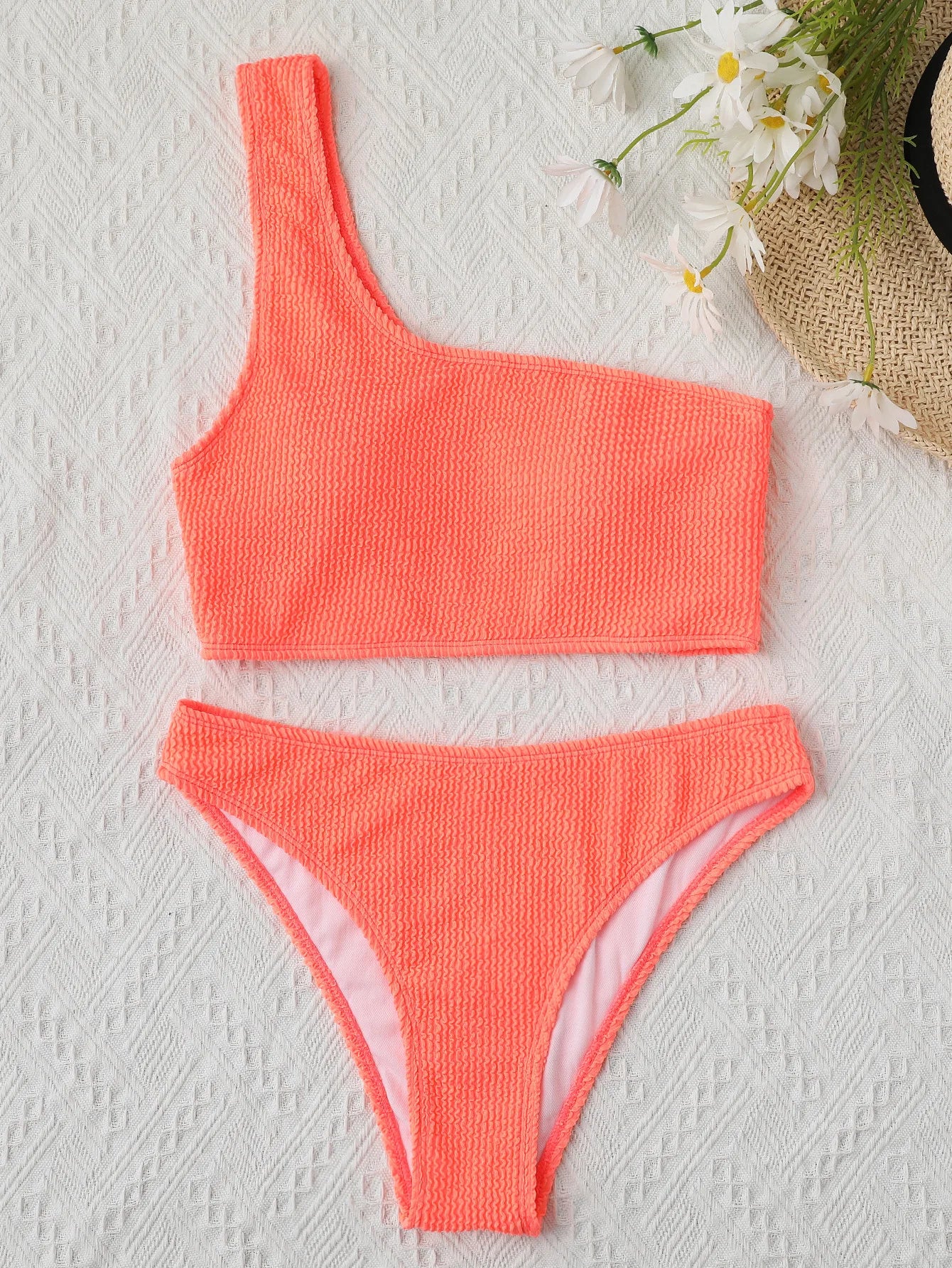 One Shoulder Bikini Textured Swimwear High Cut Swimsuit Solid Bathing Suit Women Brazilian 2024 Fashion