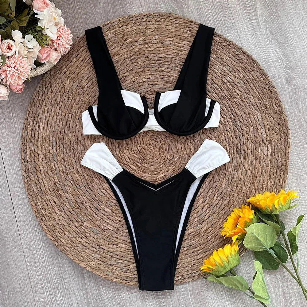 2024 Solid Thong Brazilian Bikinis Swimwear Women Swimsuit  Black White Bikini Set Bathing Suit Female Summer Beach Wear Biquini