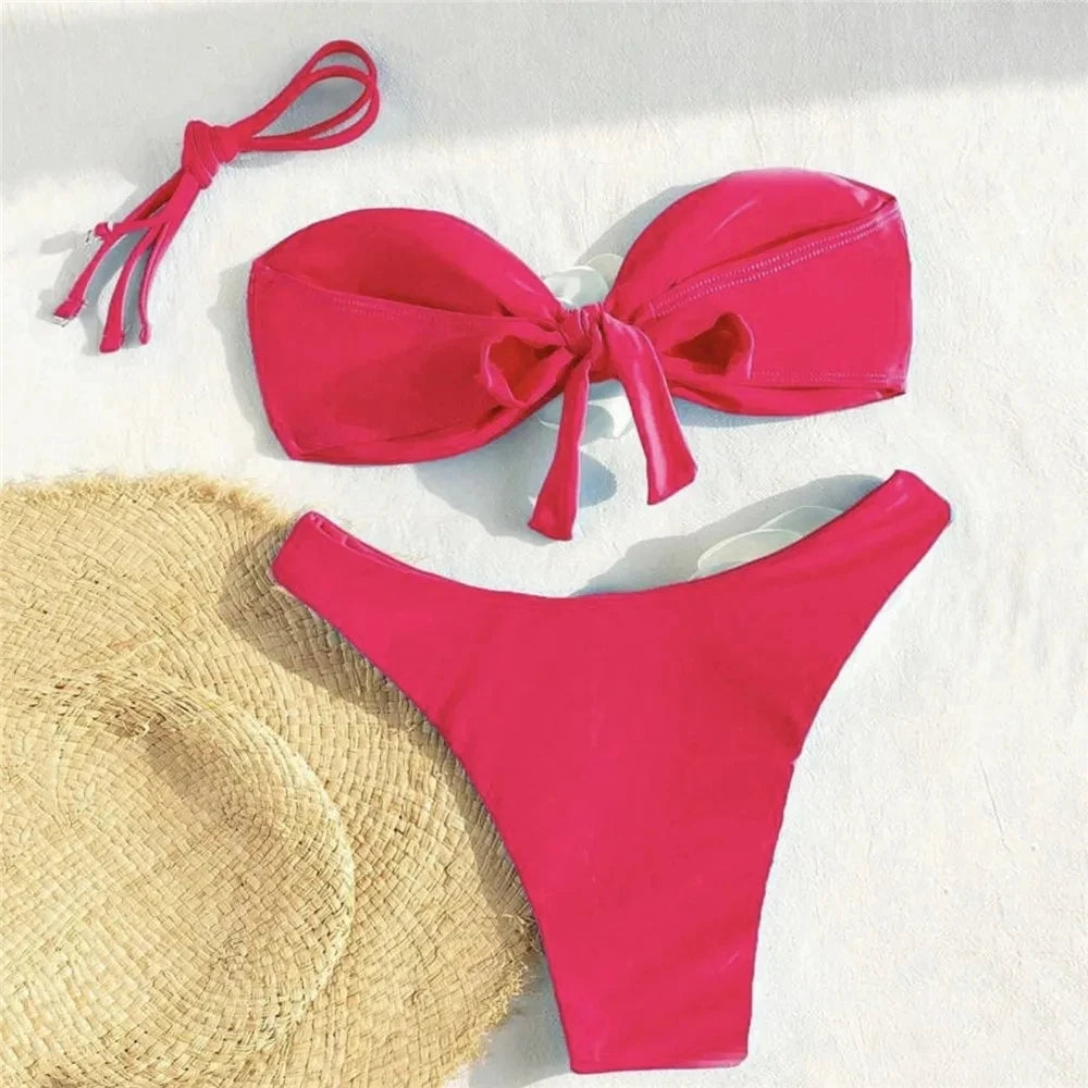 Sexy Flower Bandeau Swimwear Thong Bikini 2025 Women Lace-up Swimsuits Swimming Bathing Suit Brazilian Bikinis Set Mujer Biquini