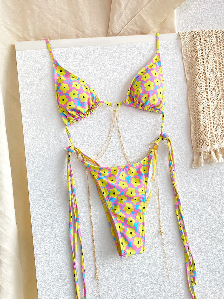 Sexy Triangle Chains Bikini Sets Micro Thongs Swimsuit Women Bathing Suit Biquini Bandage Beachwear Print Swimwear Thong Bikini