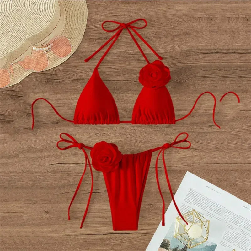 Sexy Flower Bandeau Swimwear Thong Bikini 2025 Women Lace-up Swimsuits Swimming Bathing Suit Brazilian Bikinis Set Mujer Biquini