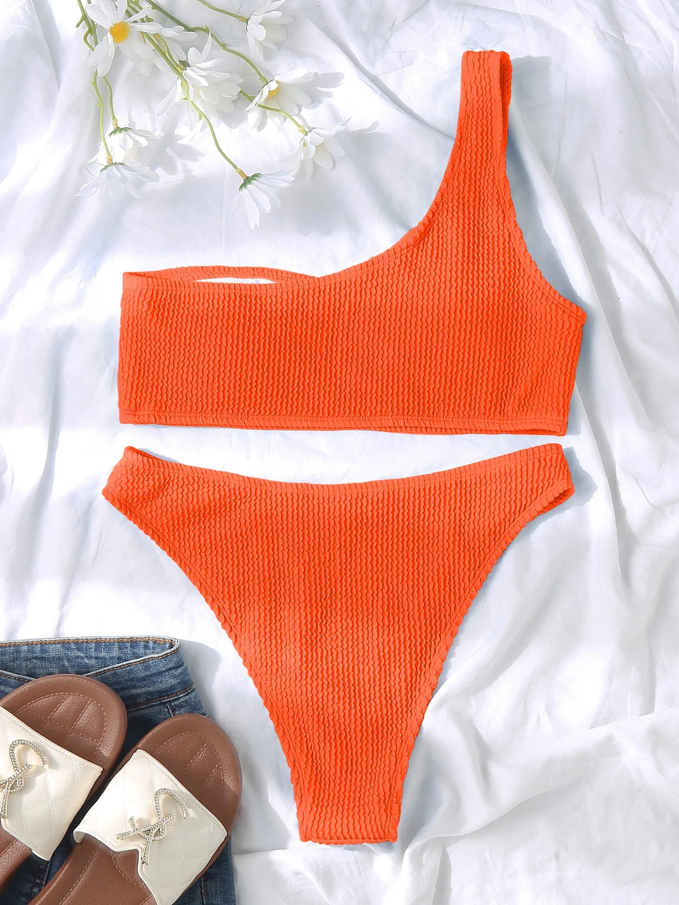 One Shoulder Bikini Textured Swimwear High Cut Swimsuit Solid Bathing Suit Women Brazilian 2024 Fashion