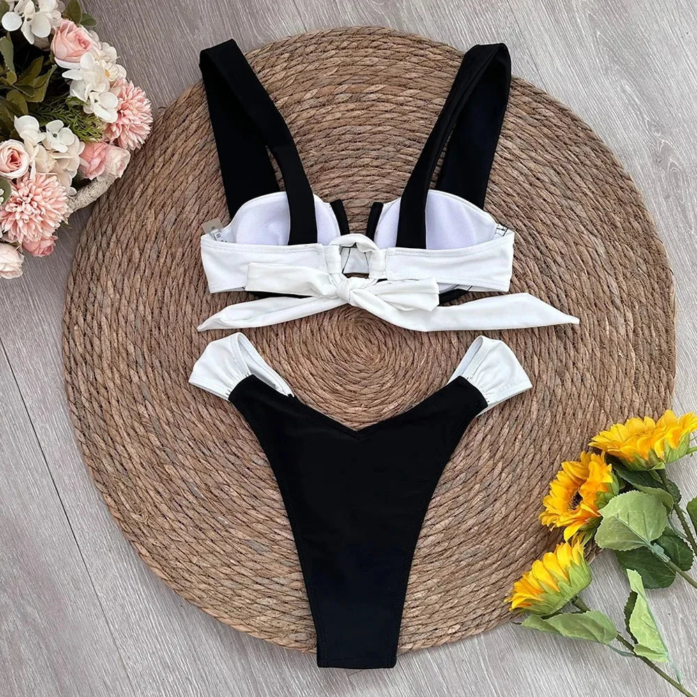 2024 Solid Thong Brazilian Bikinis Swimwear Women Swimsuit  Black White Bikini Set Bathing Suit Female Summer Beach Wear Biquini