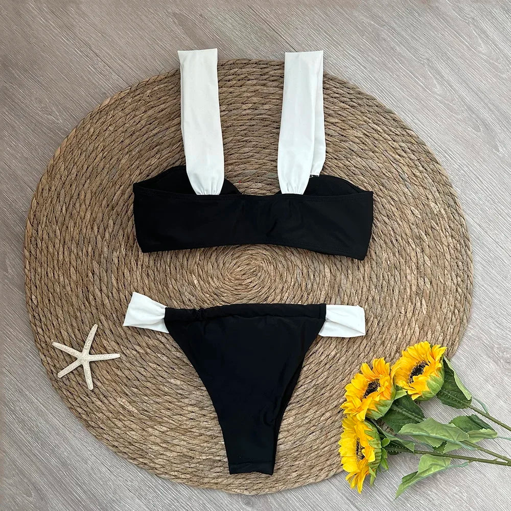 2024 Solid Thong Brazilian Bikinis Swimwear Women Swimsuit  Black White Bikini Set Bathing Suit Female Summer Beach Wear Biquini