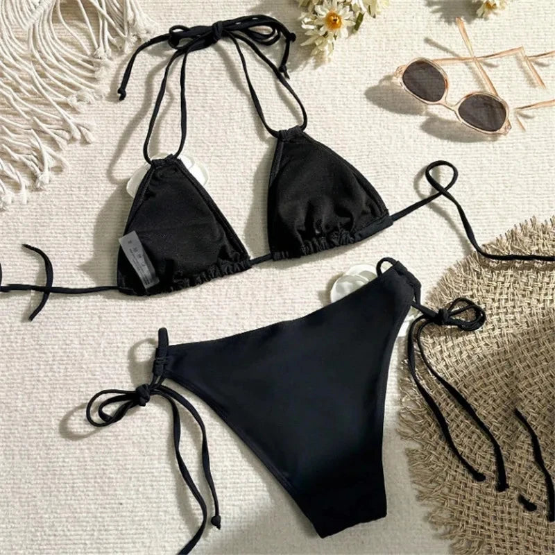 Sexy Flower Bandeau Swimwear Thong Bikini 2025 Women Lace-up Swimsuits Swimming Bathing Suit Brazilian Bikinis Set Mujer Biquini