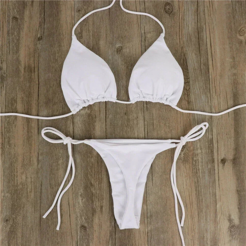 Sexy Women Swimsuit Thong Bikini Set Side Lace-Up Bandage Neck Tie Swimwear Adjustable Beachwear Bikini Solid Underwear 2024