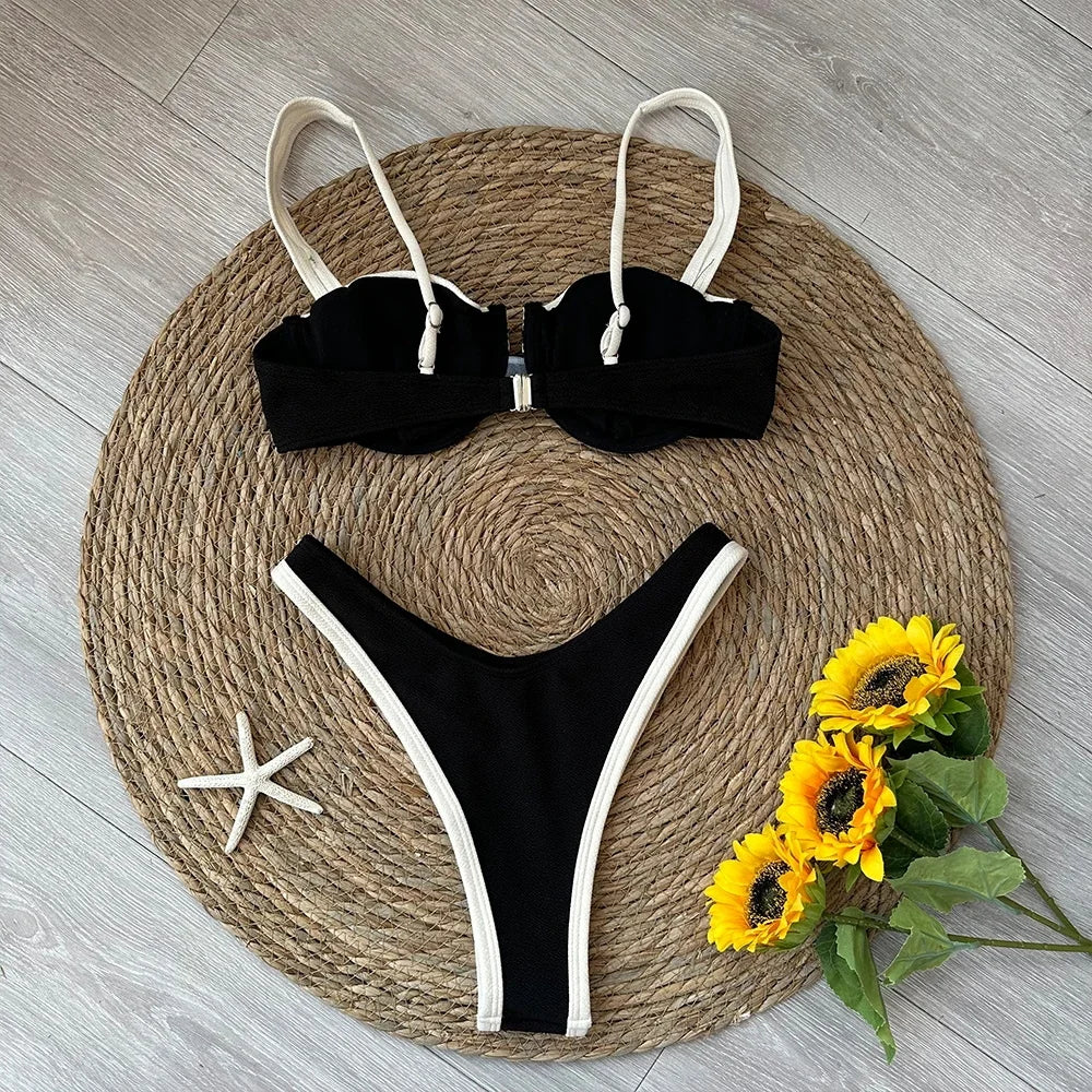 2024 Solid Thong Brazilian Bikinis Swimwear Women Swimsuit  Black White Bikini Set Bathing Suit Female Summer Beach Wear Biquini