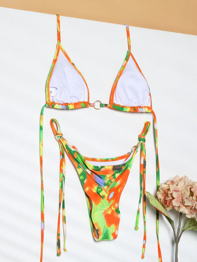 Sexy Triangle Chains Bikini Sets Micro Thongs Swimsuit Women Bathing Suit Biquini Bandage Beachwear Print Swimwear Thong Bikini