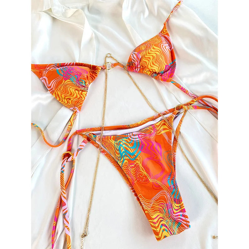 Sexy Triangle Chains Bikini Sets Micro Thongs Swimsuit Women Bathing Suit Biquini Bandage Beachwear Print Swimwear Thong Bikini