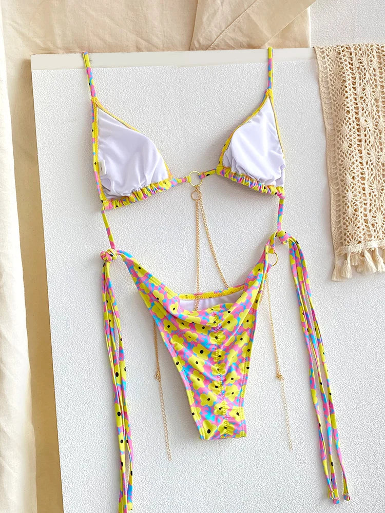 Sexy Triangle Chains Bikini Sets Micro Thongs Swimsuit Women Bathing Suit Biquini Bandage Beachwear Print Swimwear Thong Bikini