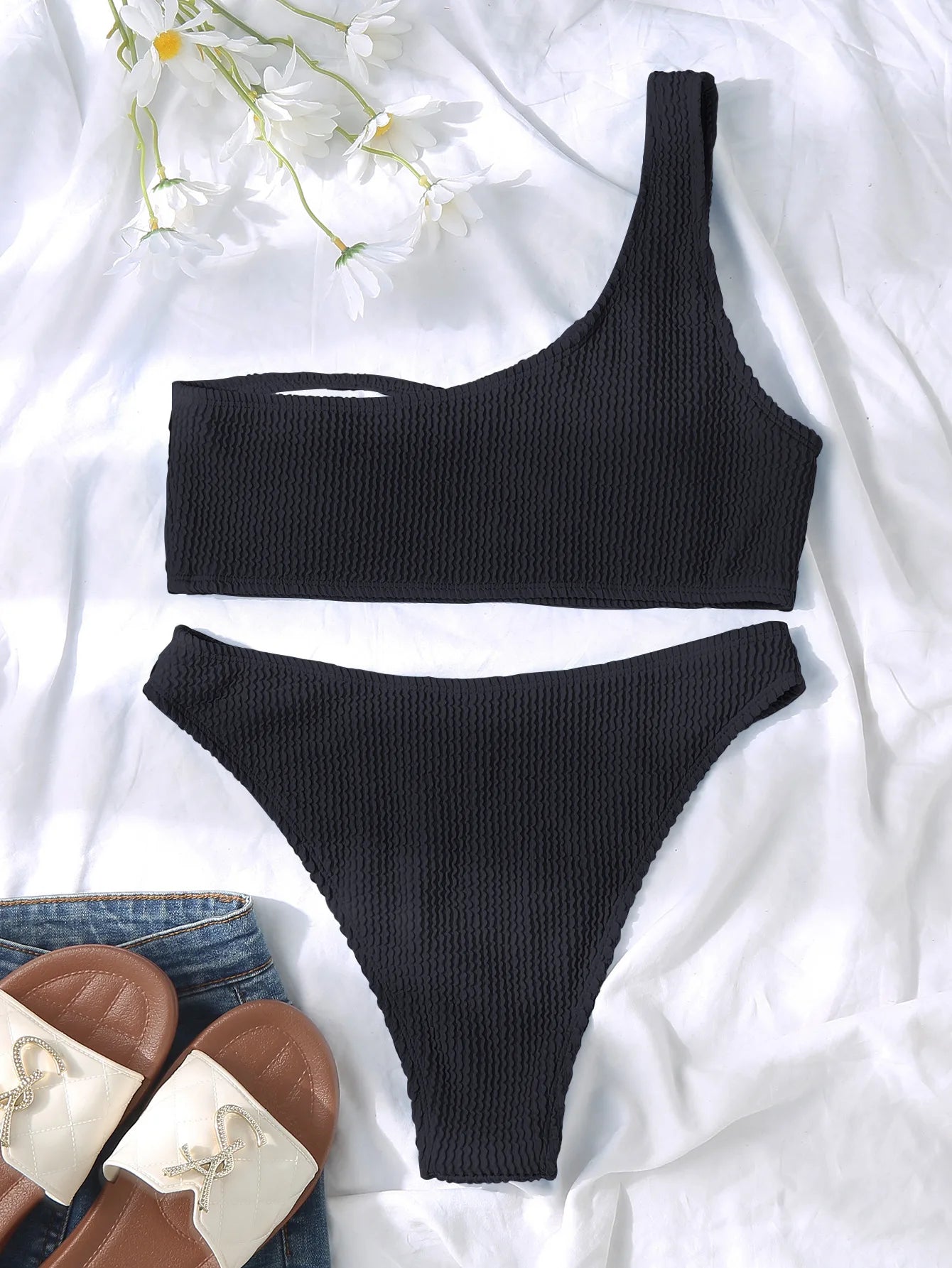 One Shoulder Bikini Textured Swimwear High Cut Swimsuit Solid Bathing Suit Women Brazilian 2024 Fashion