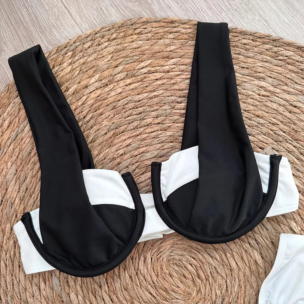 2024 Solid Thong Brazilian Bikinis Swimwear Women Swimsuit  Black White Bikini Set Bathing Suit Female Summer Beach Wear Biquini