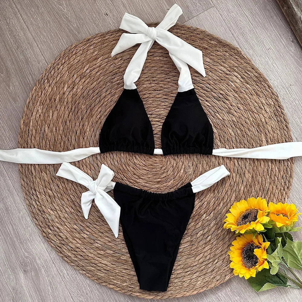 2024 Solid Thong Brazilian Bikinis Swimwear Women Swimsuit  Black White Bikini Set Bathing Suit Female Summer Beach Wear Biquini