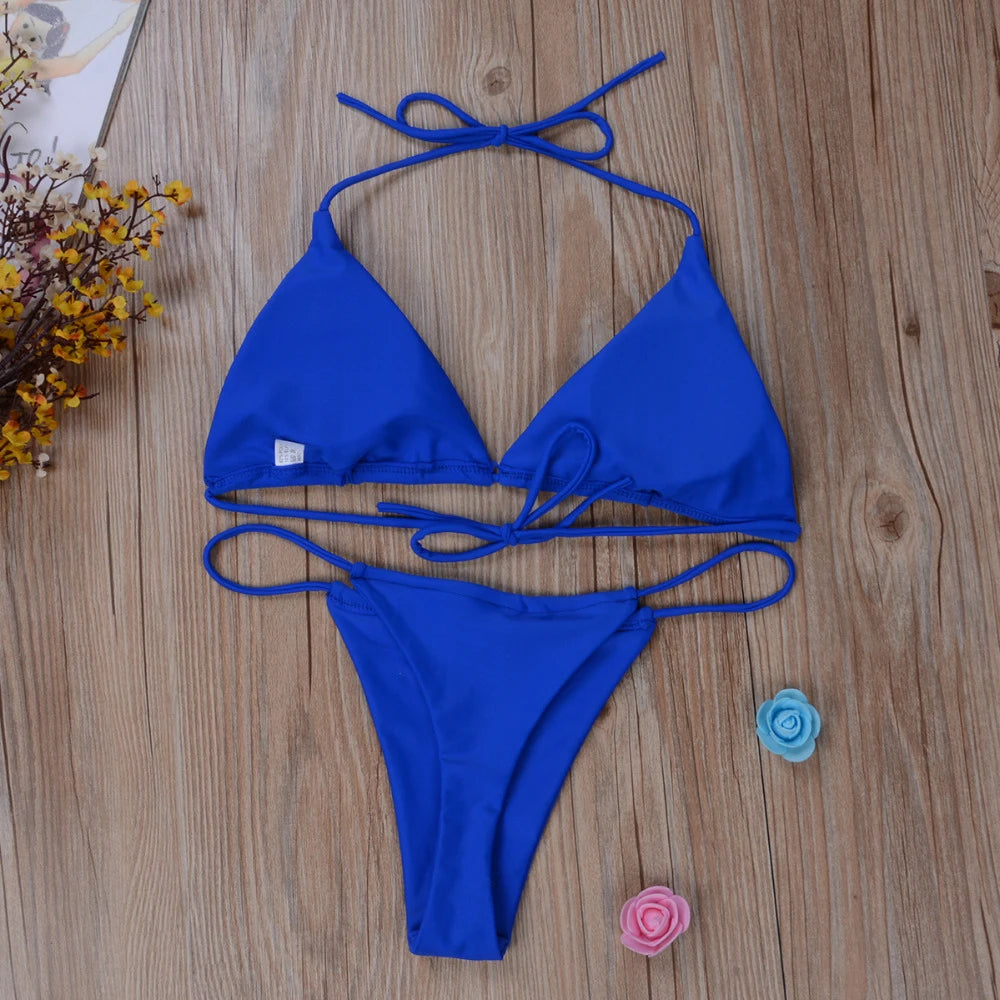 Sexy Women Swimsuit Thong Bikini Set Side Lace-Up Bandage Neck Tie Swimwear Adjustable Beachwear Bikini Solid Underwear 2024