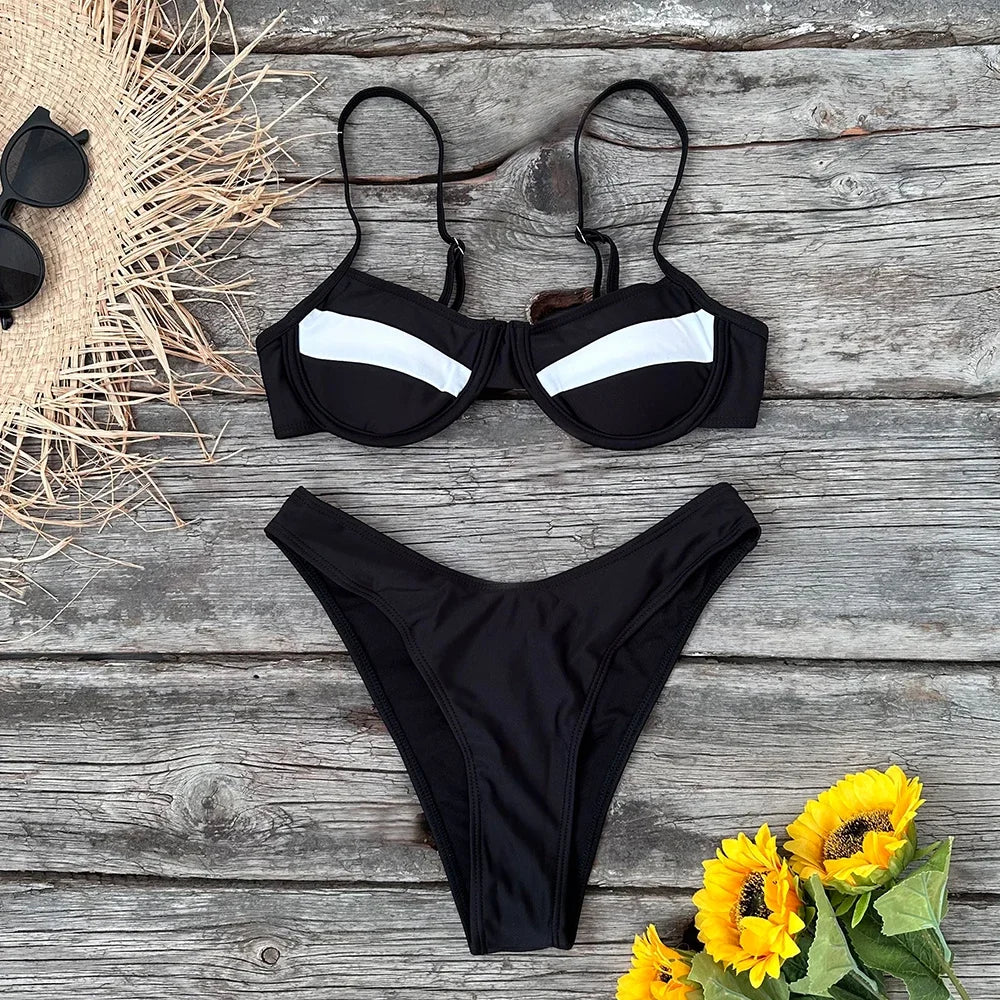 2024 Solid Thong Brazilian Bikinis Swimwear Women Swimsuit  Black White Bikini Set Bathing Suit Female Summer Beach Wear Biquini