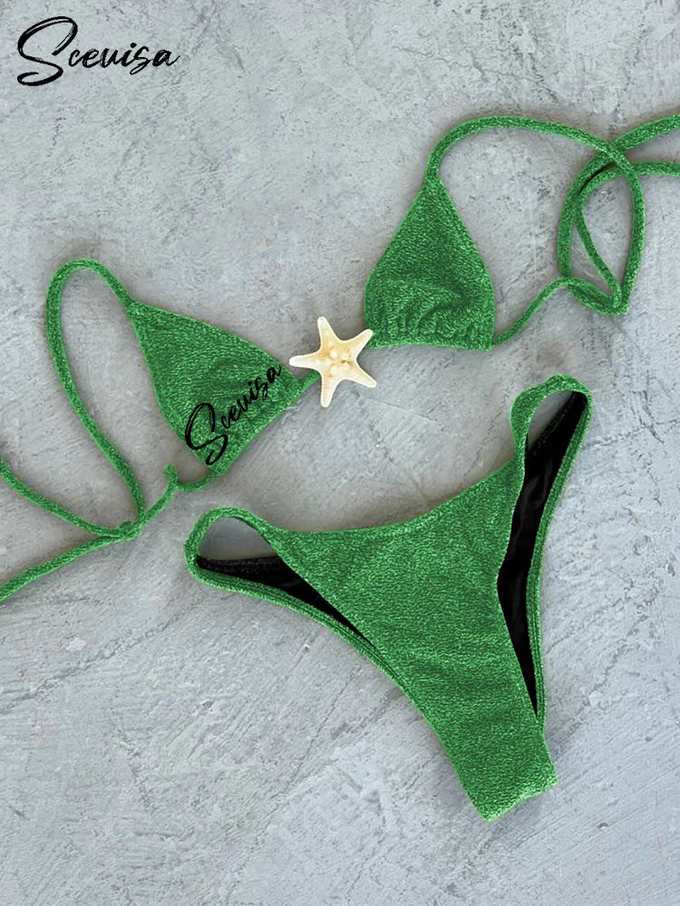 2024 New Sexy Low Waisted Bikini Set Swimsuit Starfish Swimwear Women Solid Strappy Beachwear Bathing Suits Brazilian biquini