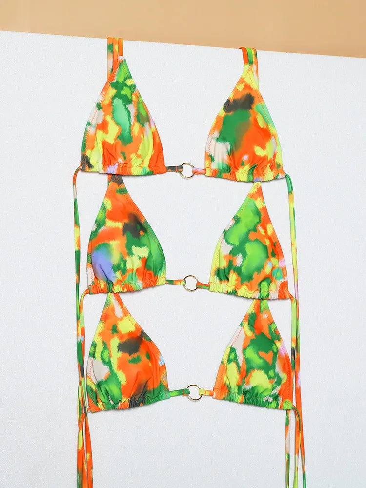 Sexy Triangle Chains Bikini Sets Micro Thongs Swimsuit Women Bathing Suit Biquini Bandage Beachwear Print Swimwear Thong Bikini