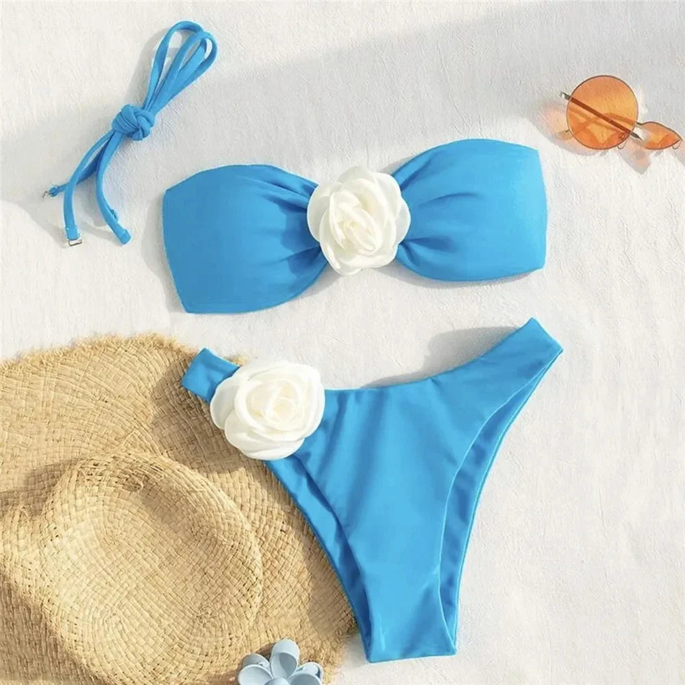 Sexy Flower Bandeau Swimwear Thong Bikini 2025 Women Lace-up Swimsuits Swimming Bathing Suit Brazilian Bikinis Set Mujer Biquini