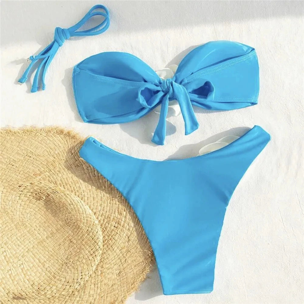 Sexy Flower Bandeau Swimwear Thong Bikini 2025 Women Lace-up Swimsuits Swimming Bathing Suit Brazilian Bikinis Set Mujer Biquini