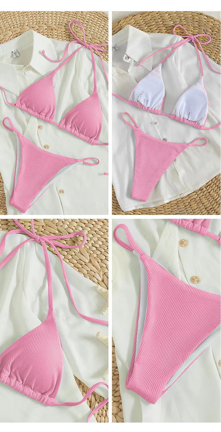 2024 Special Pit Stripe Fabric Bikini Set Women Sexy Simple Solid Halter Bikini Swimsuit High Waisted Lace Up Beach Bathing Suit