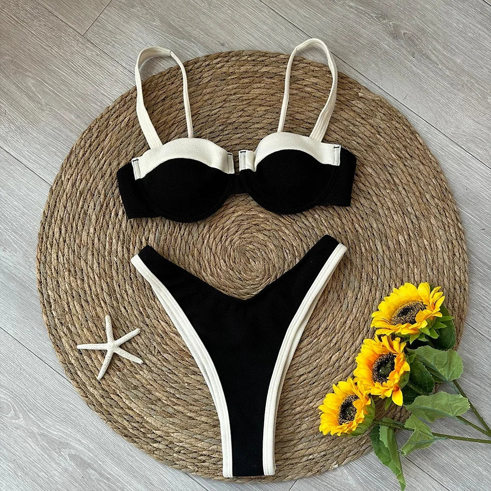 2024 Solid Thong Brazilian Bikinis Swimwear Women Swimsuit  Black White Bikini Set Bathing Suit Female Summer Beach Wear Biquini