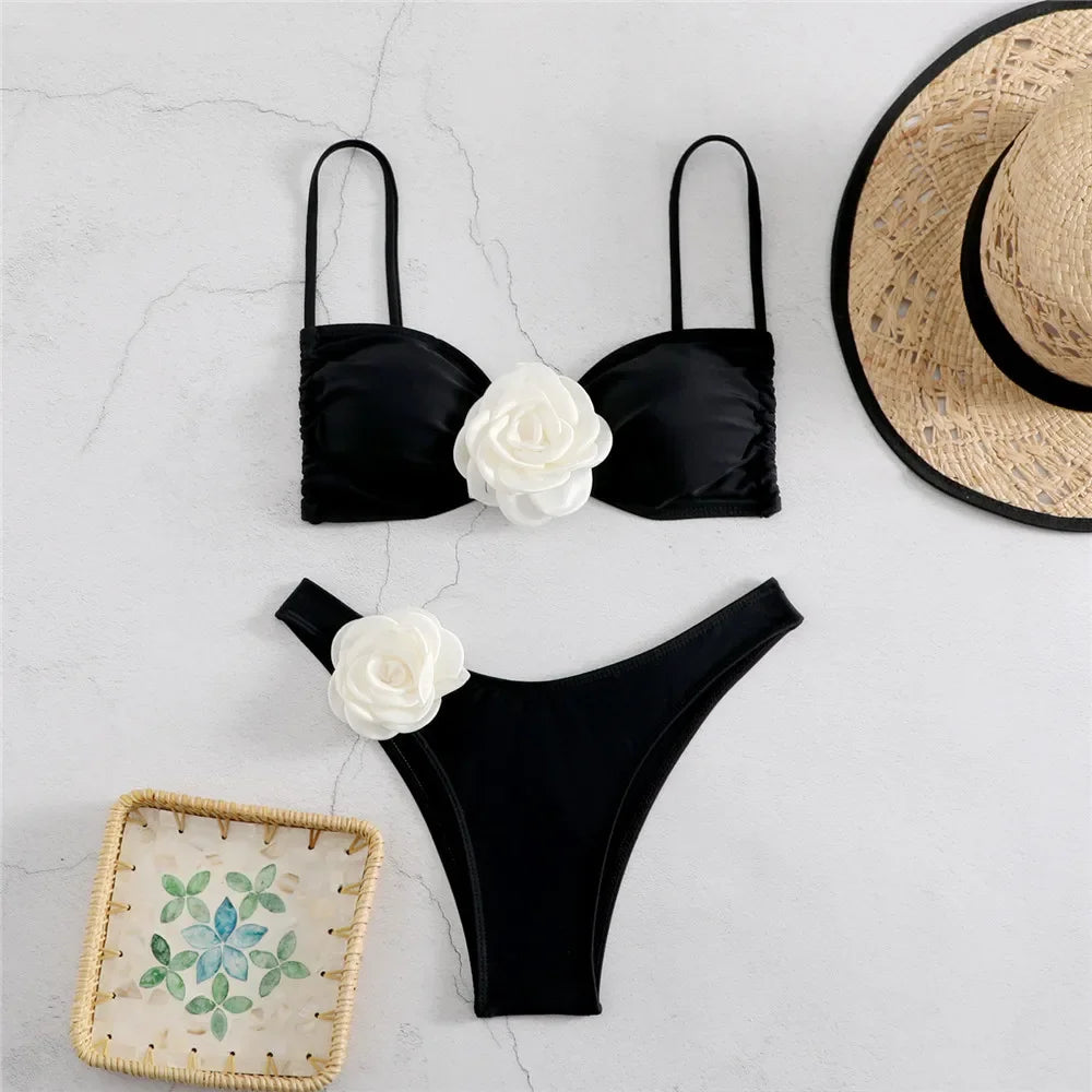 Sexy Flower Bandeau Swimwear Thong Bikini 2025 Women Lace-up Swimsuits Swimming Bathing Suit Brazilian Bikinis Set Mujer Biquini