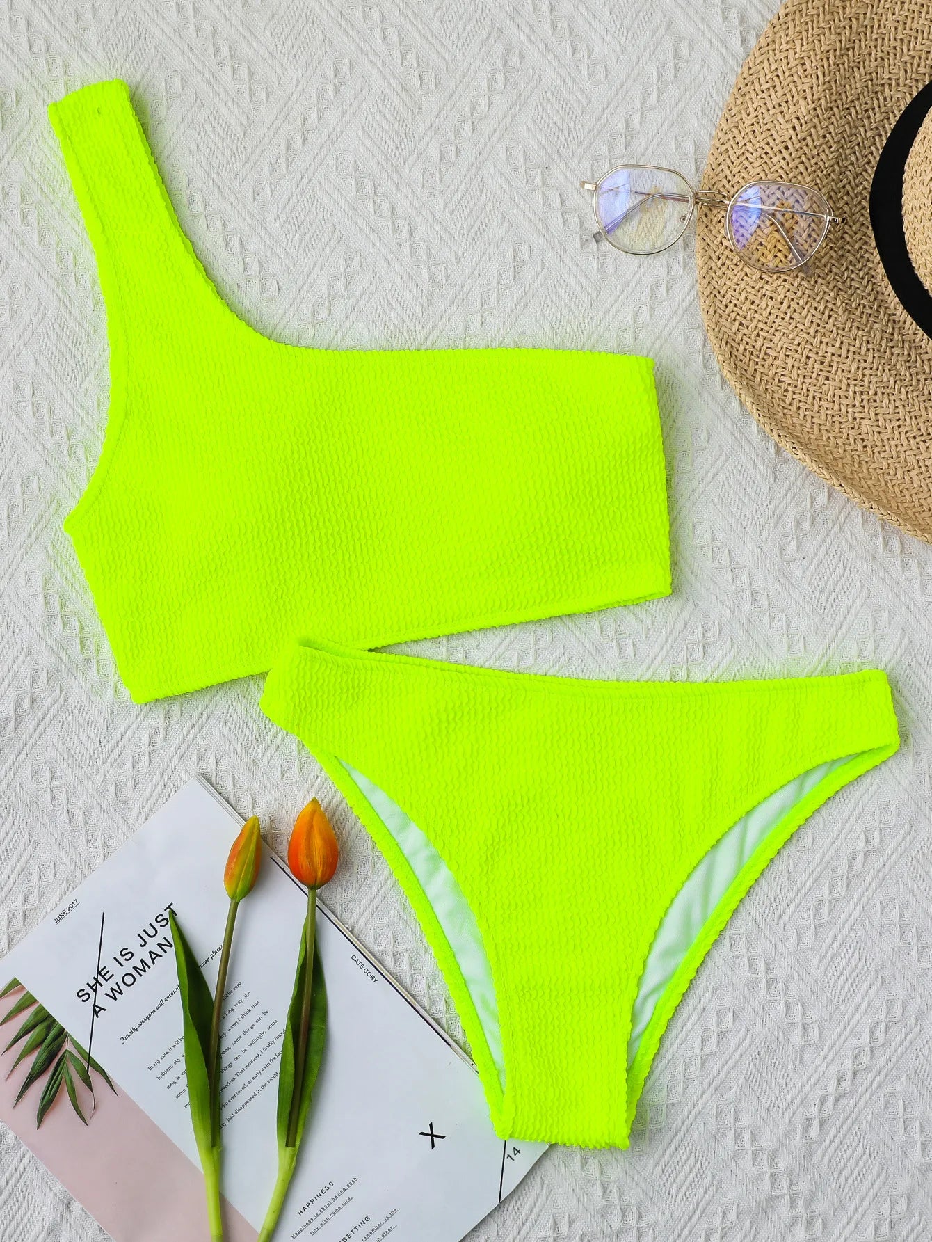 One Shoulder Bikini Textured Swimwear High Cut Swimsuit Solid Bathing Suit Women Brazilian 2024 Fashion