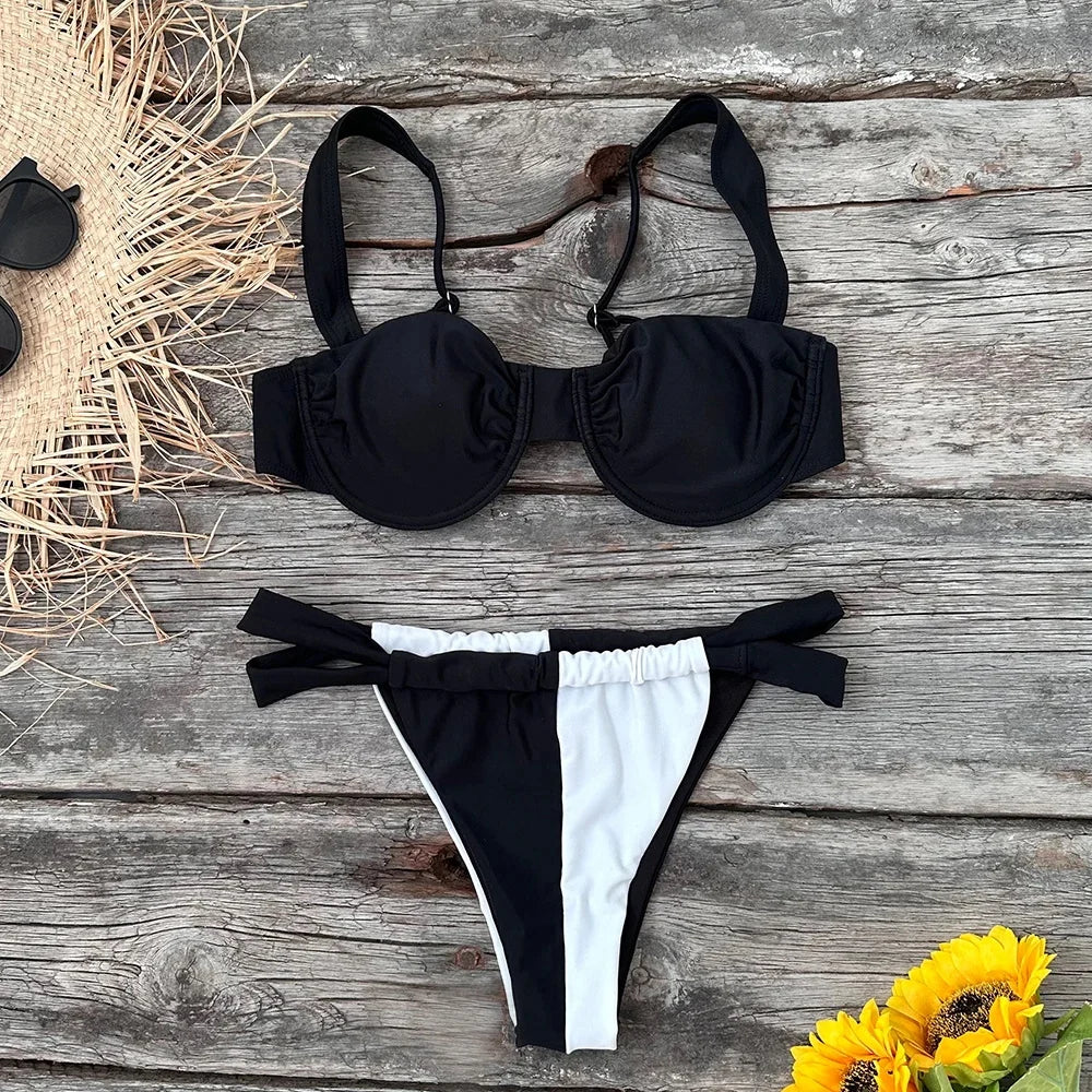 2024 Solid Thong Brazilian Bikinis Swimwear Women Swimsuit  Black White Bikini Set Bathing Suit Female Summer Beach Wear Biquini