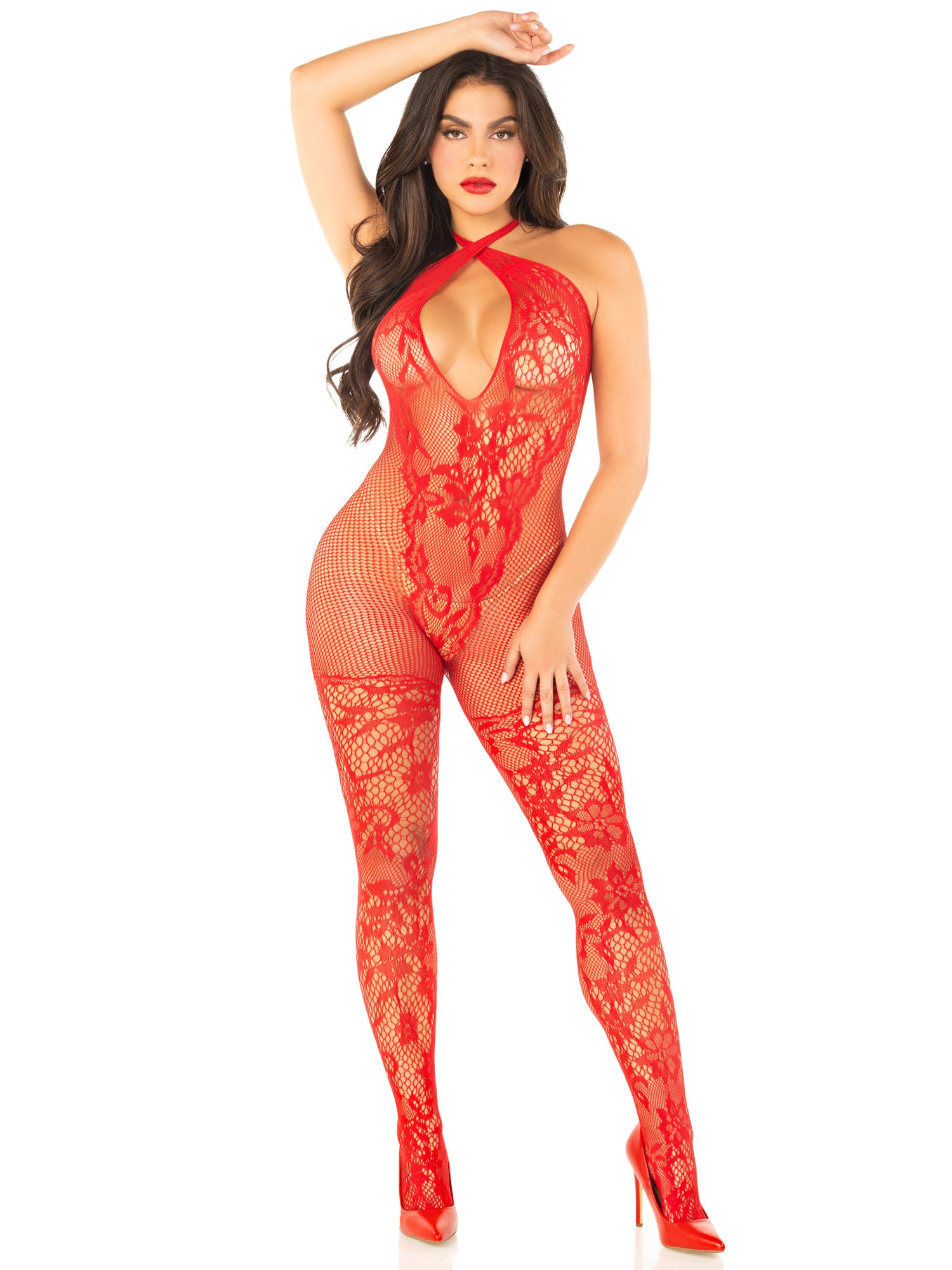 Red Seamless Net and Lace Lingerie Jumpsuit - With Keyhole Crossover Halter - Os LA-89335REDOS