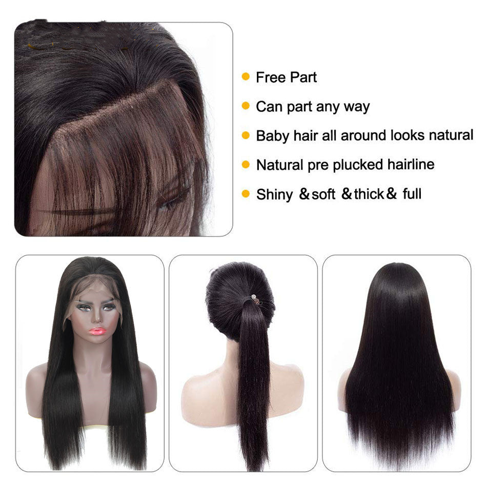 Ladies Mid-length Straight Hair Black Synthetic Front Lace Wig Headgear