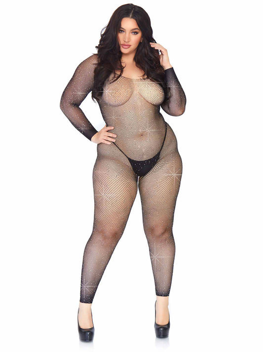 Crystalized Seamless Fishnet Long Sleeved  Bodystocking - 1x/2x - Black LA-89233XBL1X2