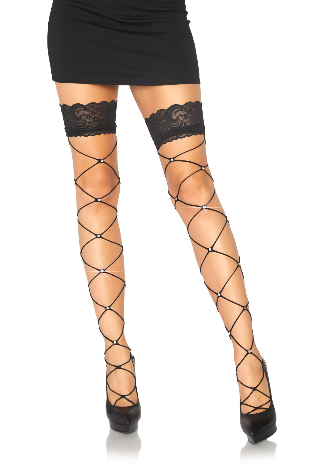 Crystalized Wide Net Lace Top Thigh Highs - One Size - Black LA-9119BLK