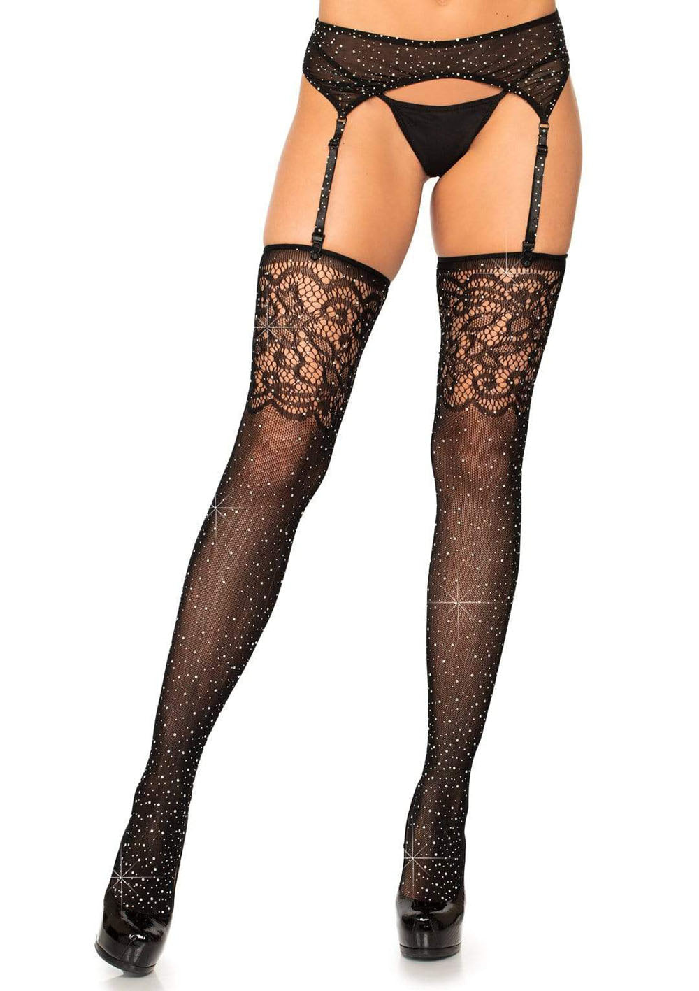 Rhinestone Lace Top Fishnet Stockings - One Size - Black LA-1945BLK