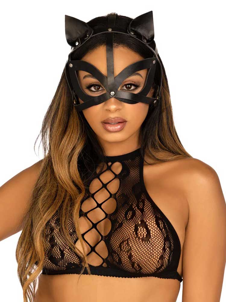 Vegan Leather Studded Cat Mask - Black LA-3710